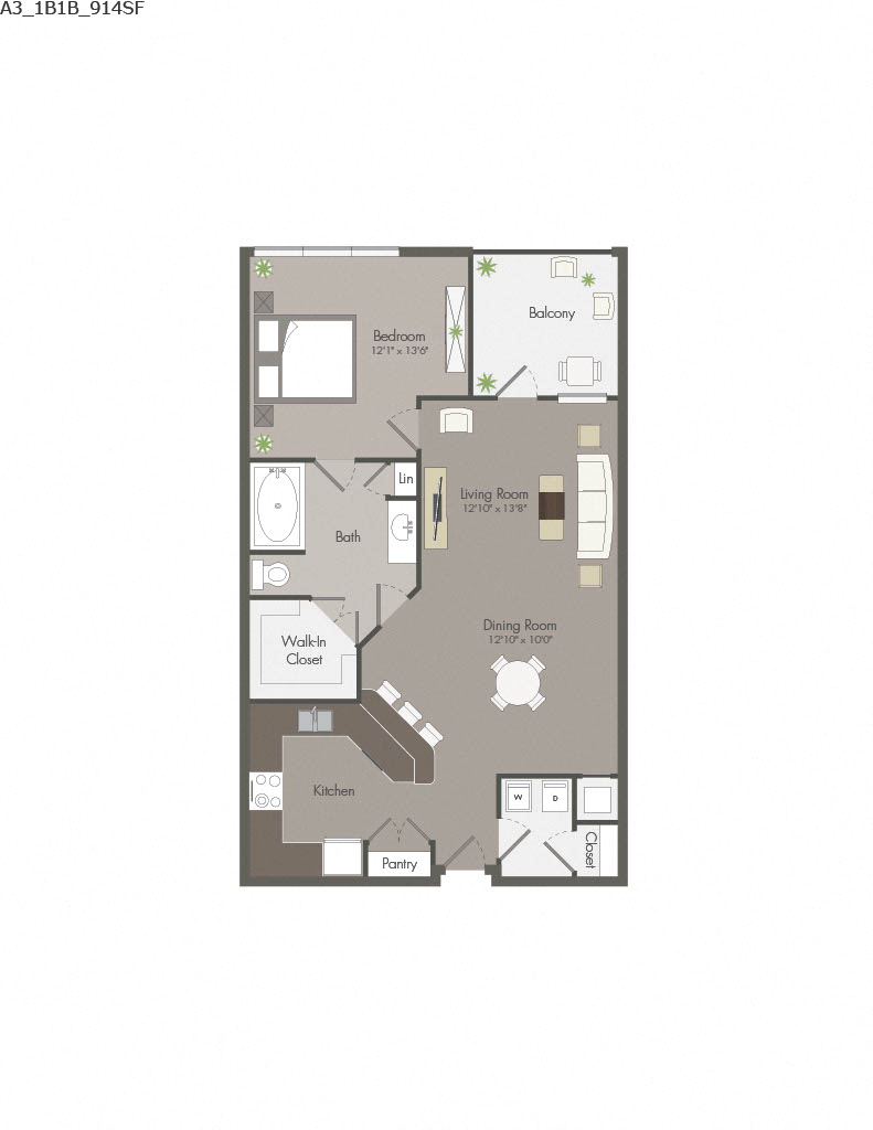 Floor plan for 1 bed, 1 bath, 914 sqft